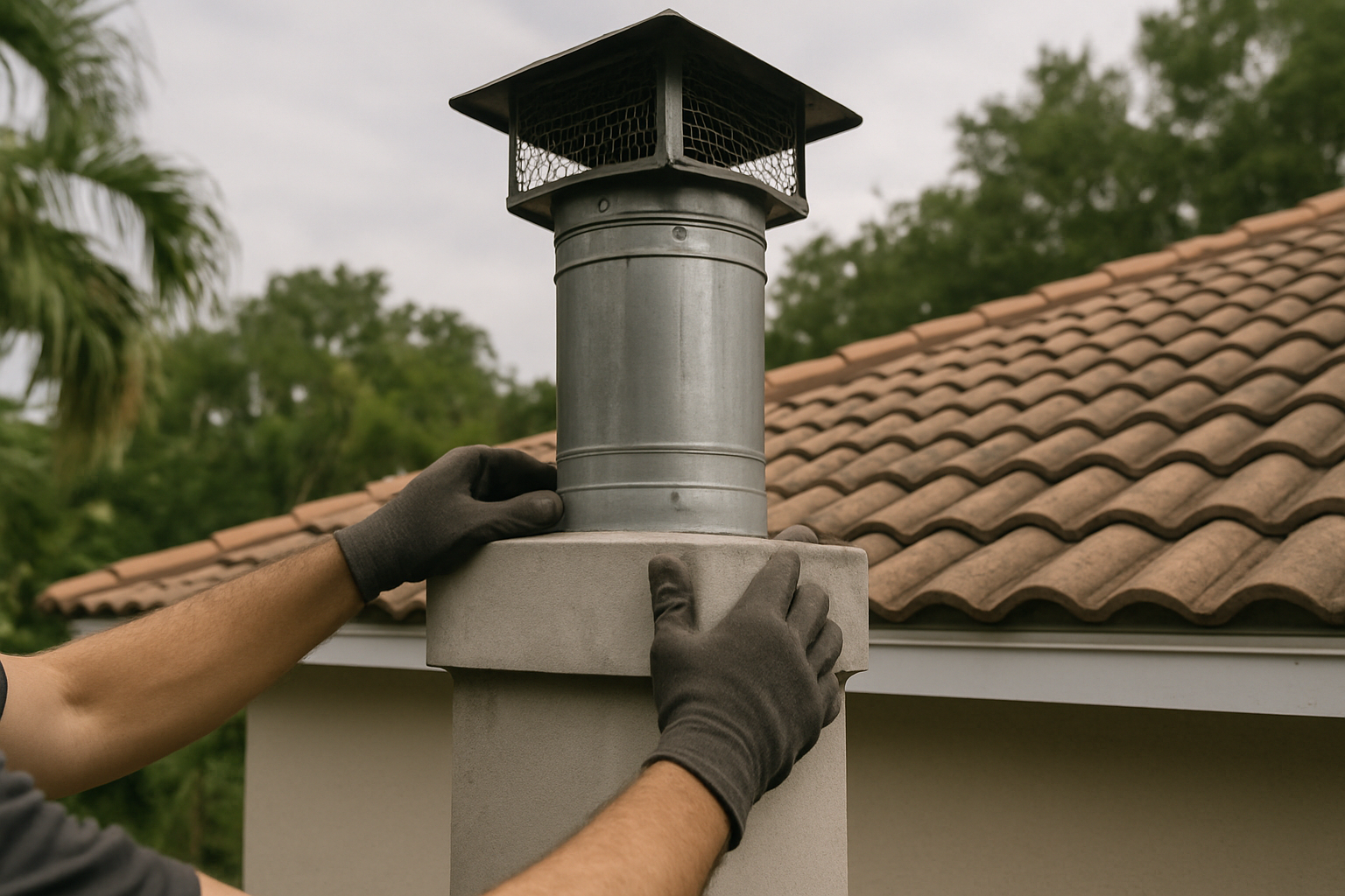 Shows chimney inspection work on architecture and roofing materials authentic to late-20th-century St Cloud, FL subdivis