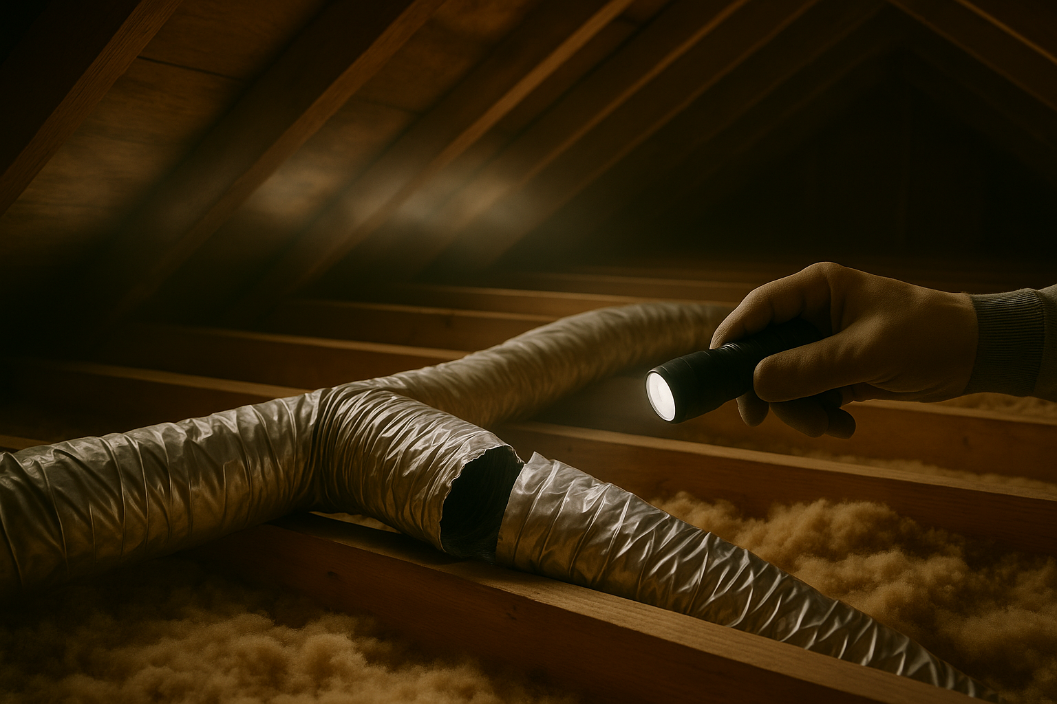 Shows the attic inspection scenario described in the copy, highlighting the degraded flex duct condition specific to hot