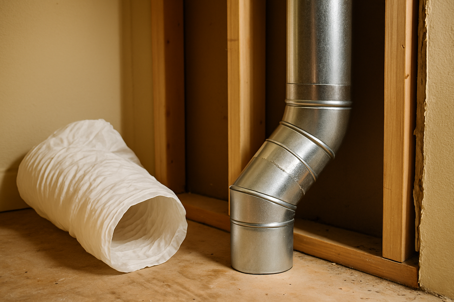 Illustrates the upgrade from problematic plastic flex duct to compliant rigid metal duct, directly supporting the copy's